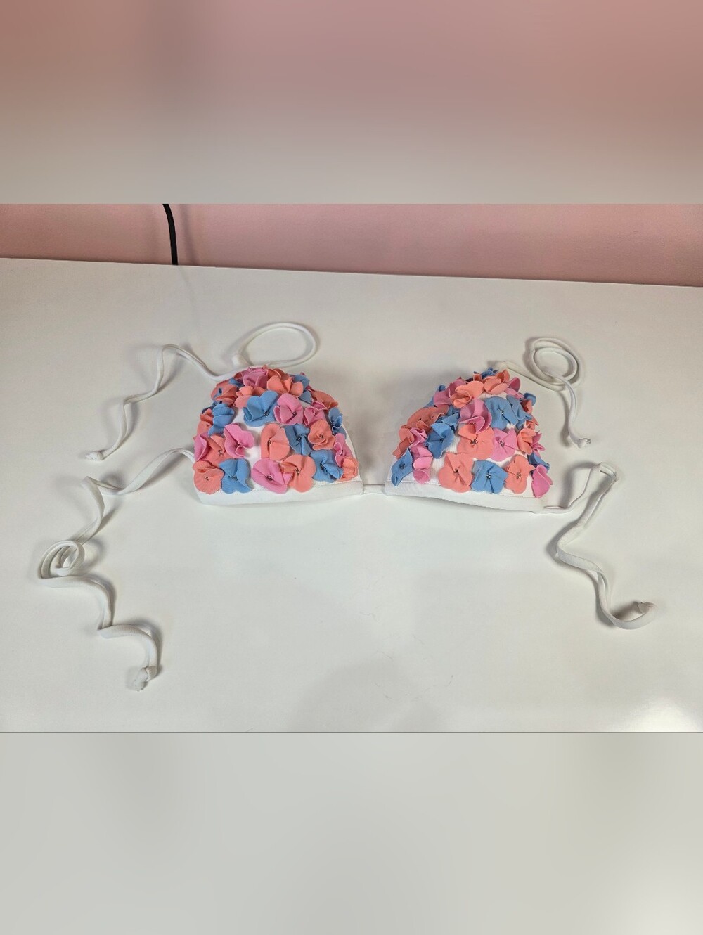 Venus White Floral Appliqué Triangle Bikini Top Pastel 3D Flowers D